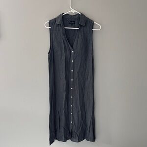 100% Linen Sleeveless Button-Down Dress - Dark Blue Green - Size L
